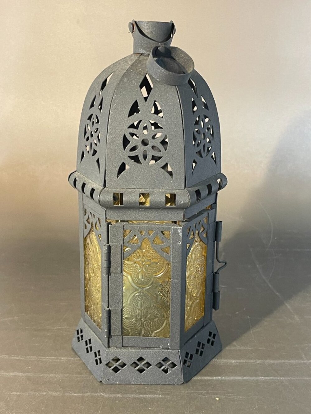 Amber orange Glass Metal Moroccan Style Decor Hanging Candle Lantern holder 9"T